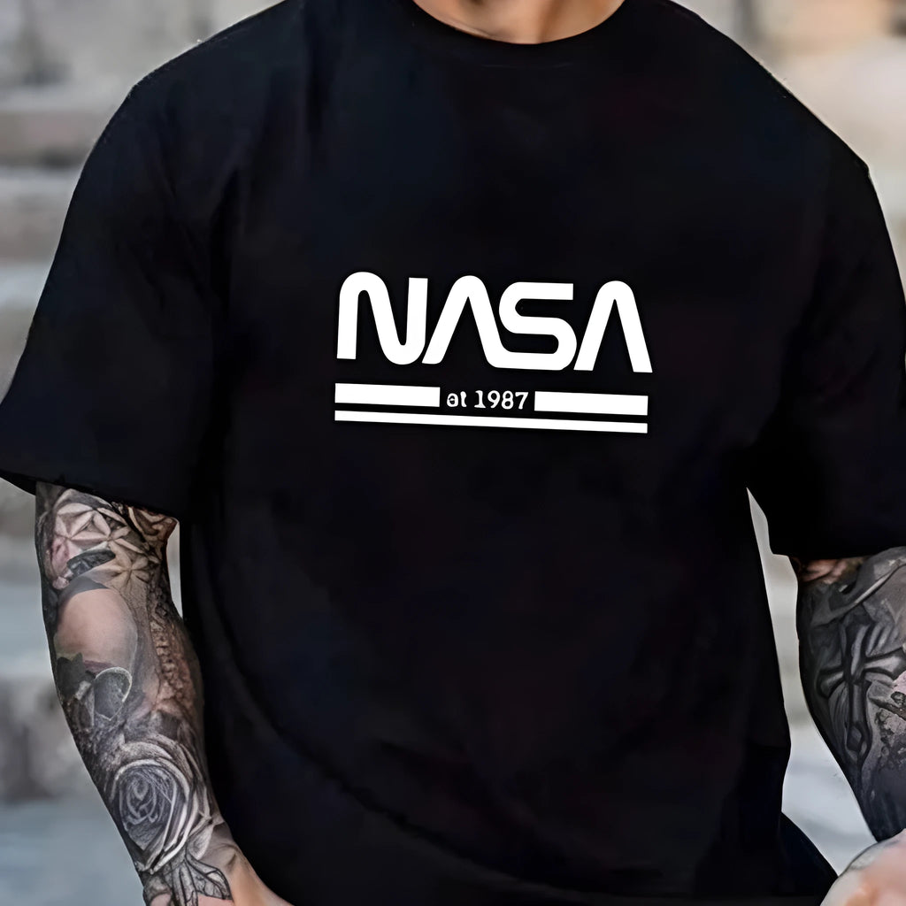 Printed slim-fit men's short sleeve cotton T-shirt on a hanger, shown in multiple colour options.