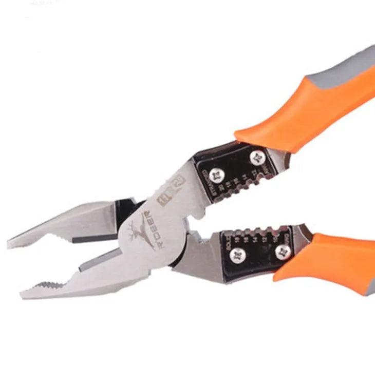 Orange 9-inch multi-function wire cutter pliers with textured PVC handles and alloy steel jaws.