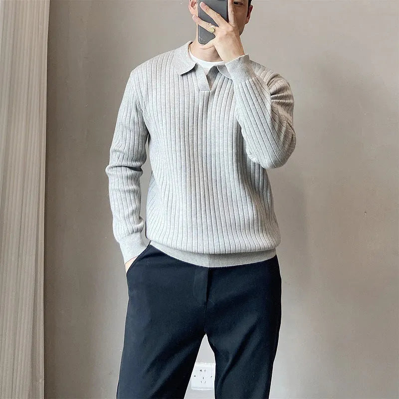 Loose striped lapel knitted sweater for boys in Army Green colour