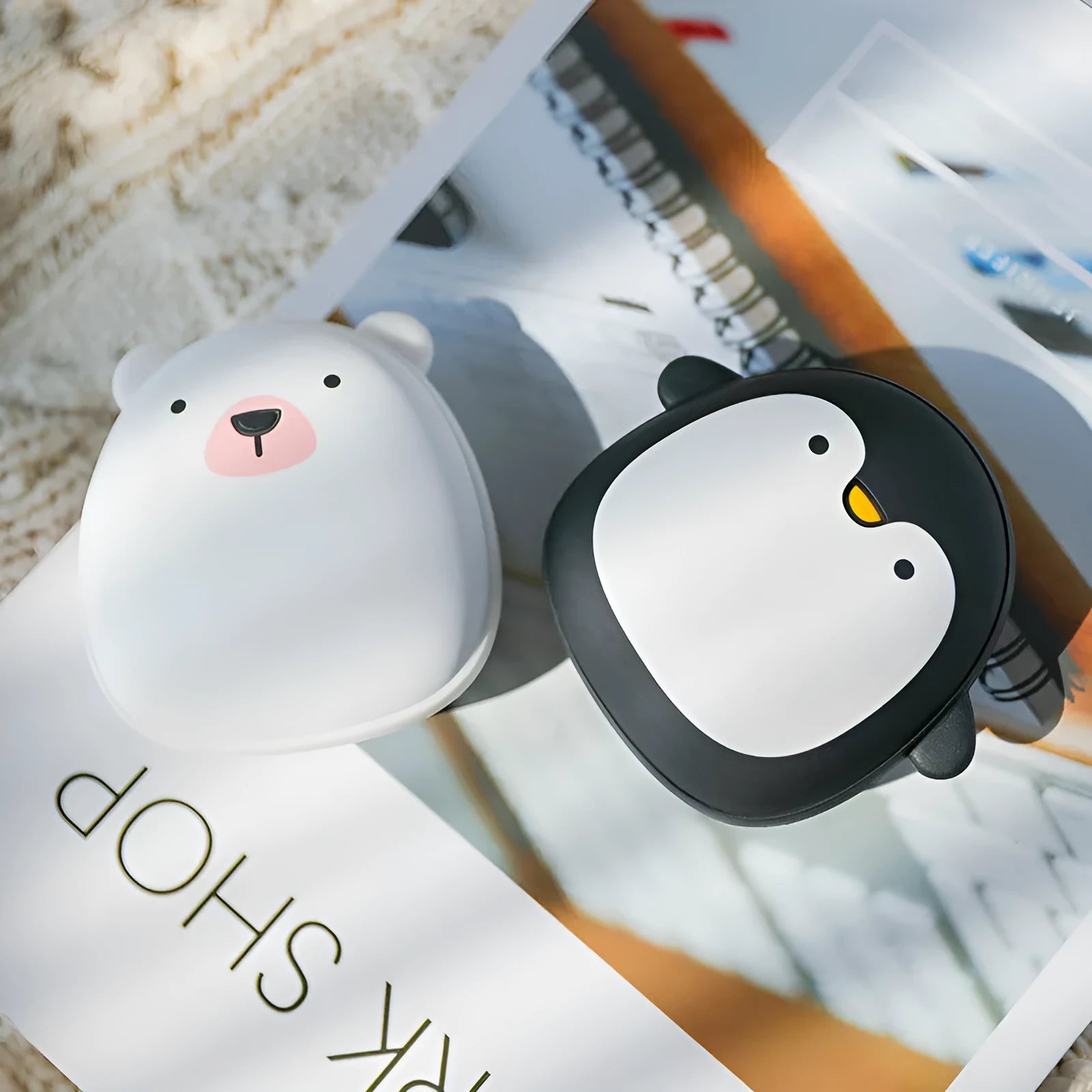 Cartoon penguin and polar bear USB rechargeable hand warmers with double heating sides