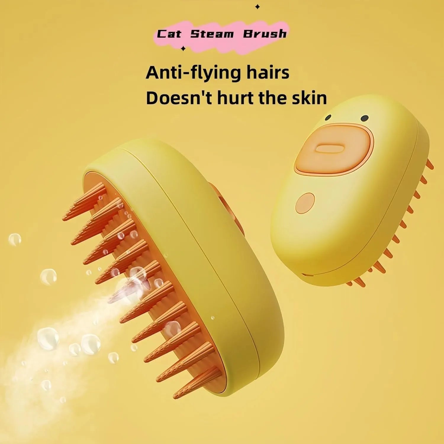 White or yellow pet steam brush with rubber teeth, water tank, and ergonomic handle for grooming dogs and cats