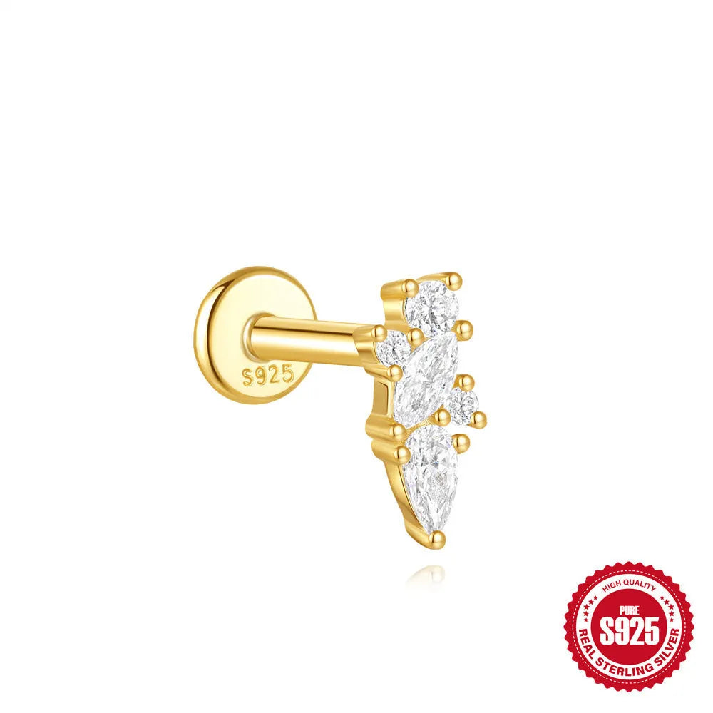 S925 sterling silver geometric kite-shaped earring with rhinestone chain tassel in a gold colour finish.