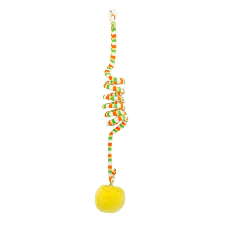 Colourful cat toy with spring bell stick and inflatable ball attached to a door by a suction cup