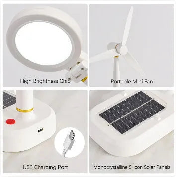 Ivory white solar powered table fan with integrated LED study lamp on desktop