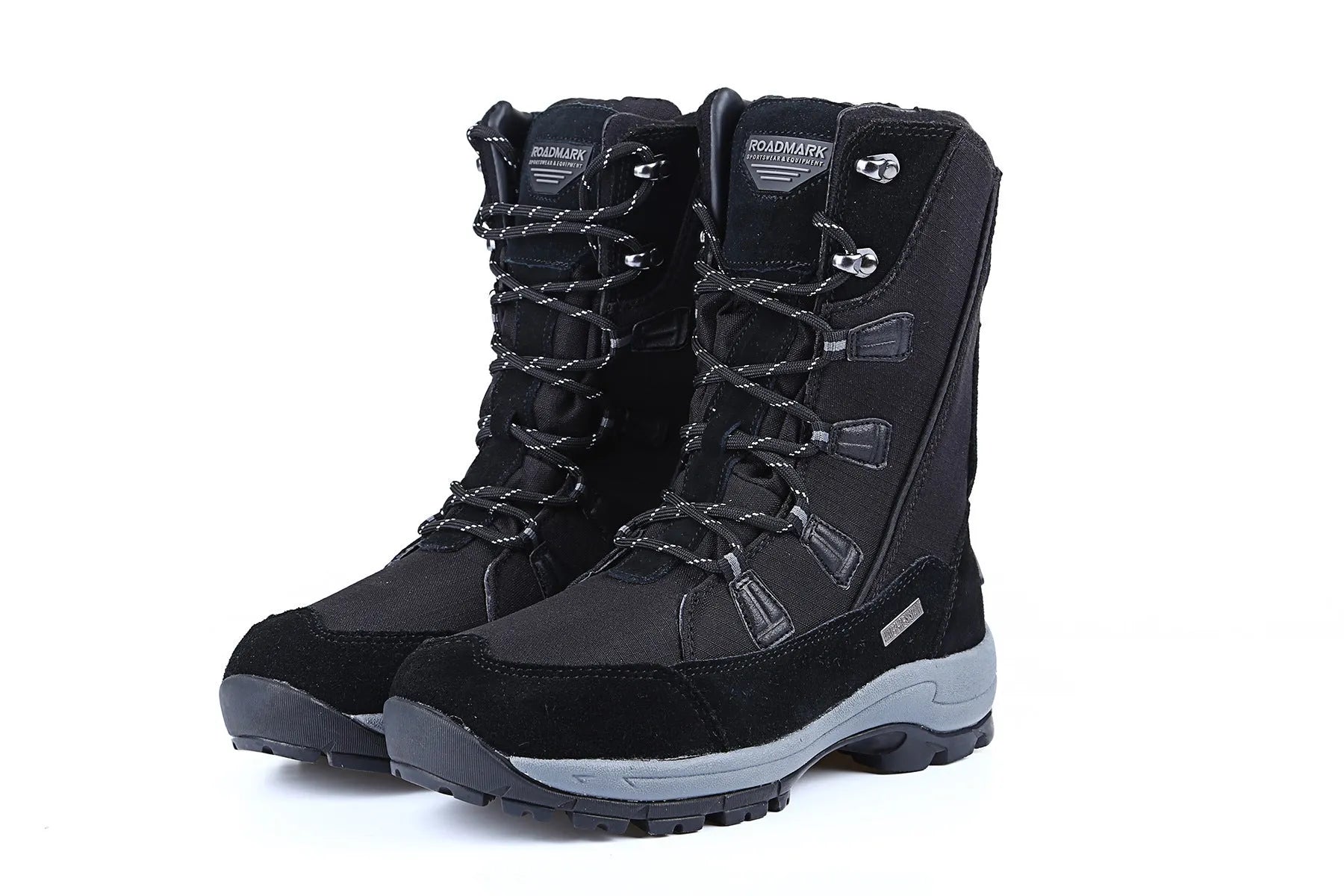 Women's black genuine leather mid-calf thermal snow boots with a rubber sole.