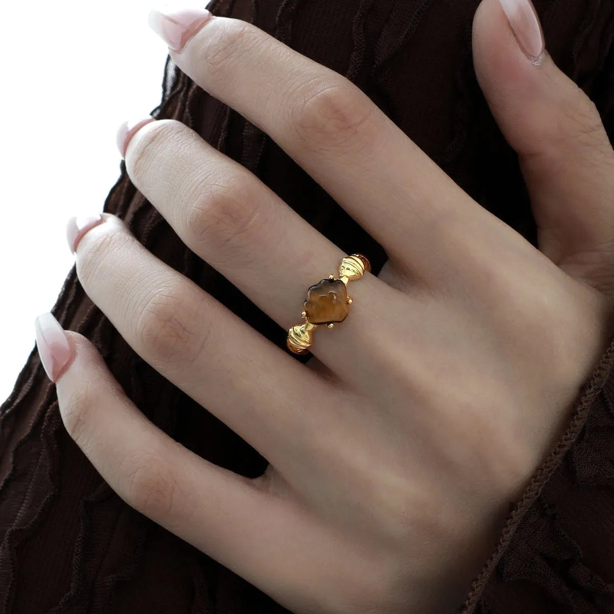 Silver adjustable ring with shell white tiger eye stone and electroplated gold finish
