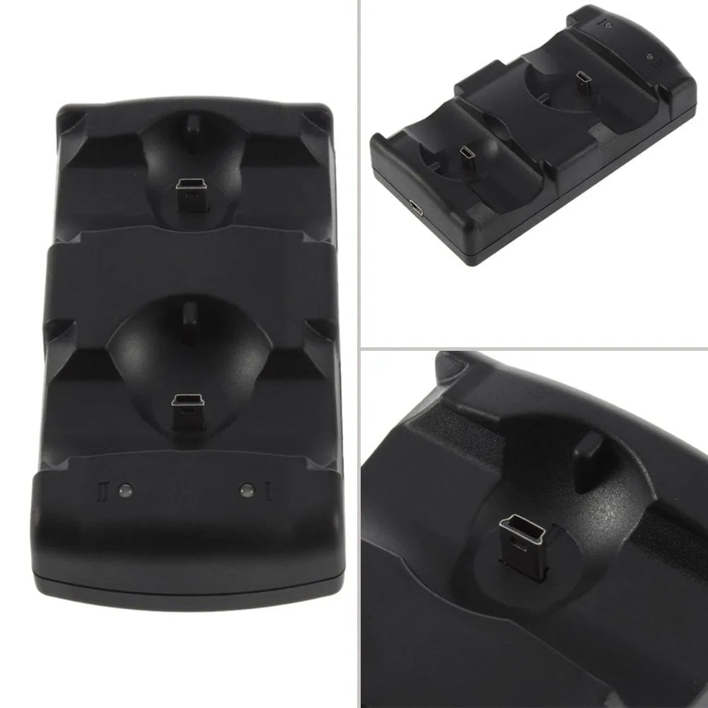 Black PS3 dual controller charging dock with two controller cradles and USB cable