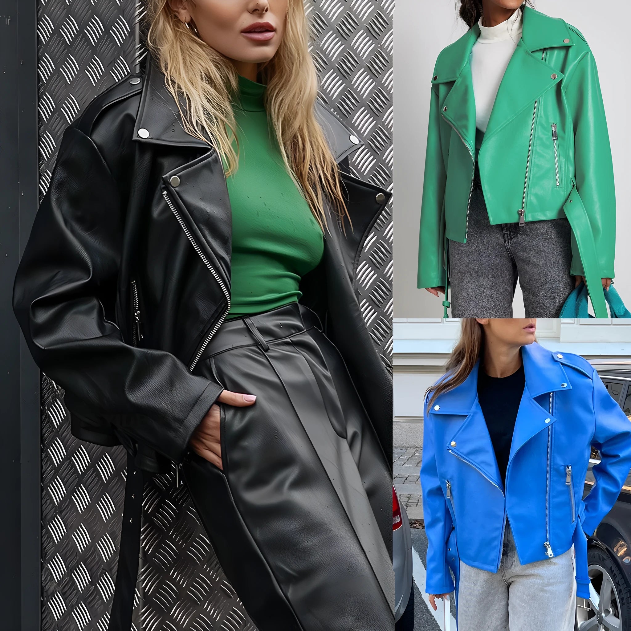 Black punk-style short jacket with a Peter Pan collar and a belt detail on the lapel.