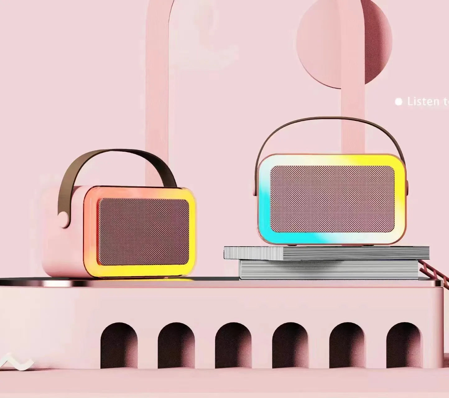 Portable bluetooth microphone speaker in white, pink, or sky blue with karaoke function