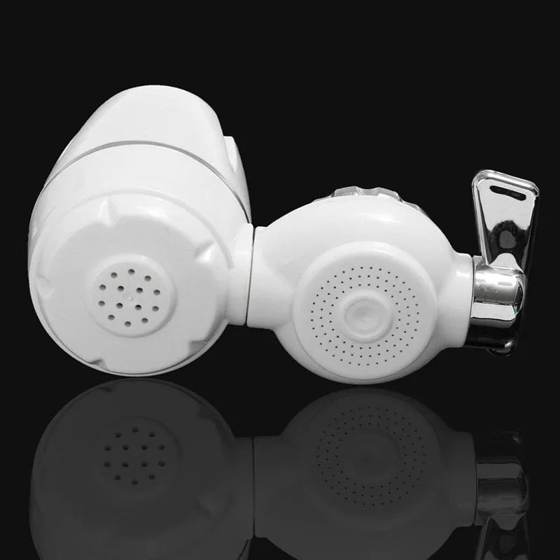White plastic faucet-mounted water filter with ceramic cartridge and tap adapters