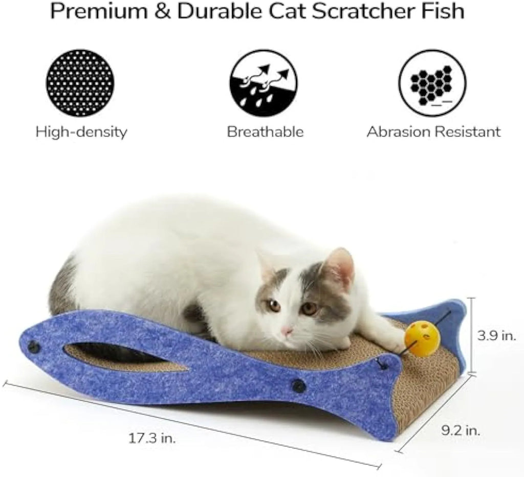 Blue fish-shaped cardboard cat scratcher lounger with a red bell ball toy on an elastic cord.
