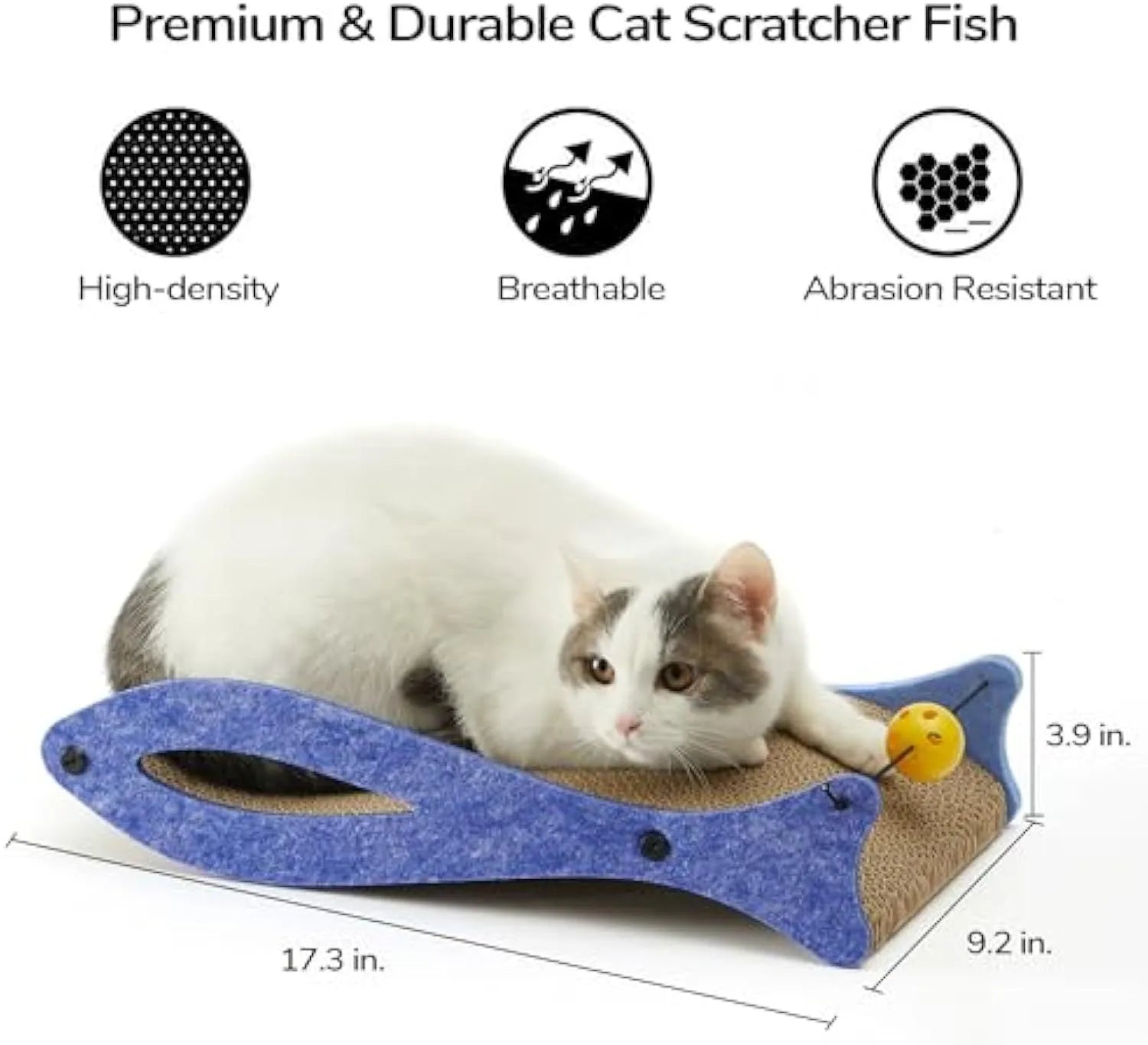 Blue fish-shaped cardboard cat scratcher lounger with a red bell ball toy on an elastic cord.