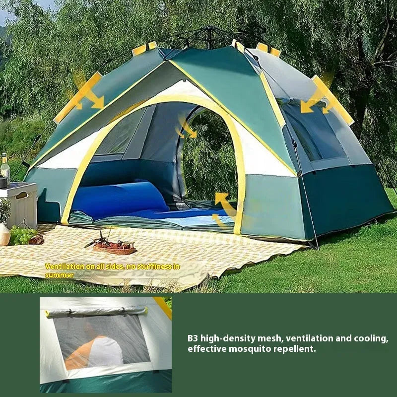 Dark green silver glue automatic camping tent for 3-4 people with quick open setup.