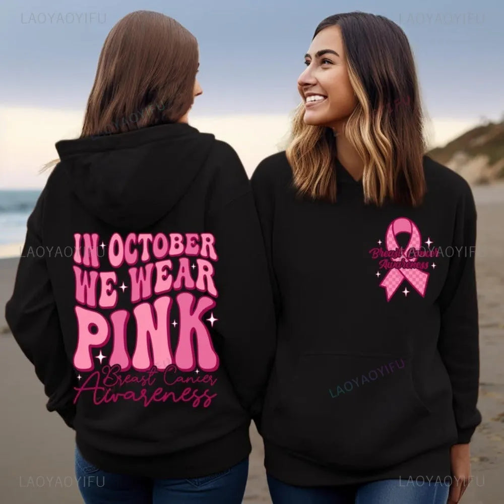 Women's pink Breast Cancer Awareness hoodie with retro art design and side pockets