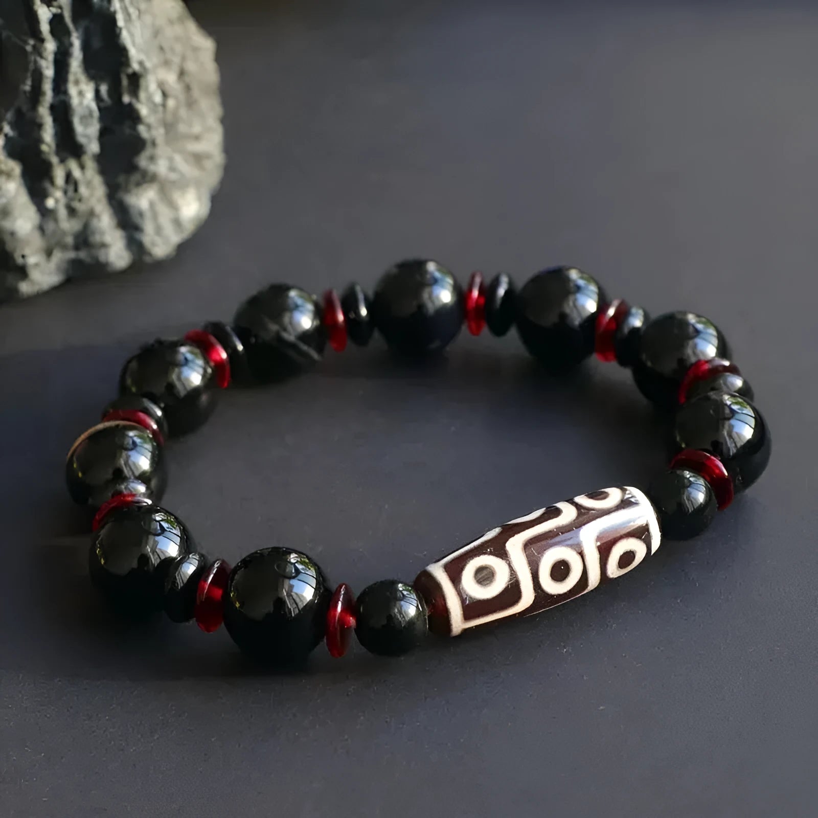 Black agate Dzi bead bracelet with 11mm geometry-shaped stones and hand-woven construction