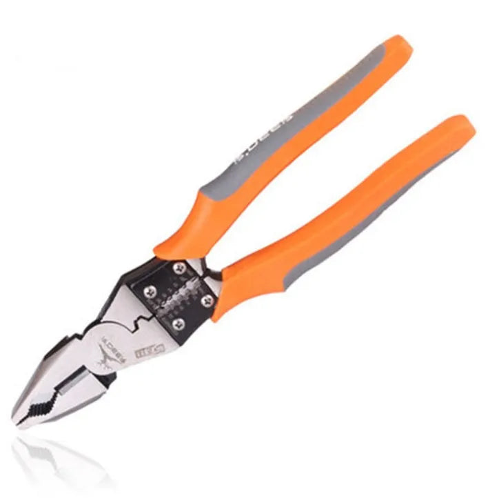 Orange 9-inch multi-function wire cutter pliers with textured PVC handles and alloy steel jaws.