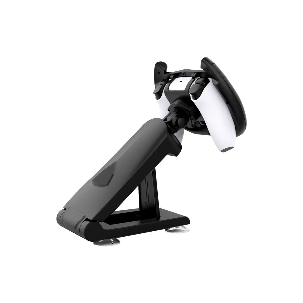 Black ABS plastic gamepad steering wheel bracket with suction cup, holding a smartphone for mobile racing games.