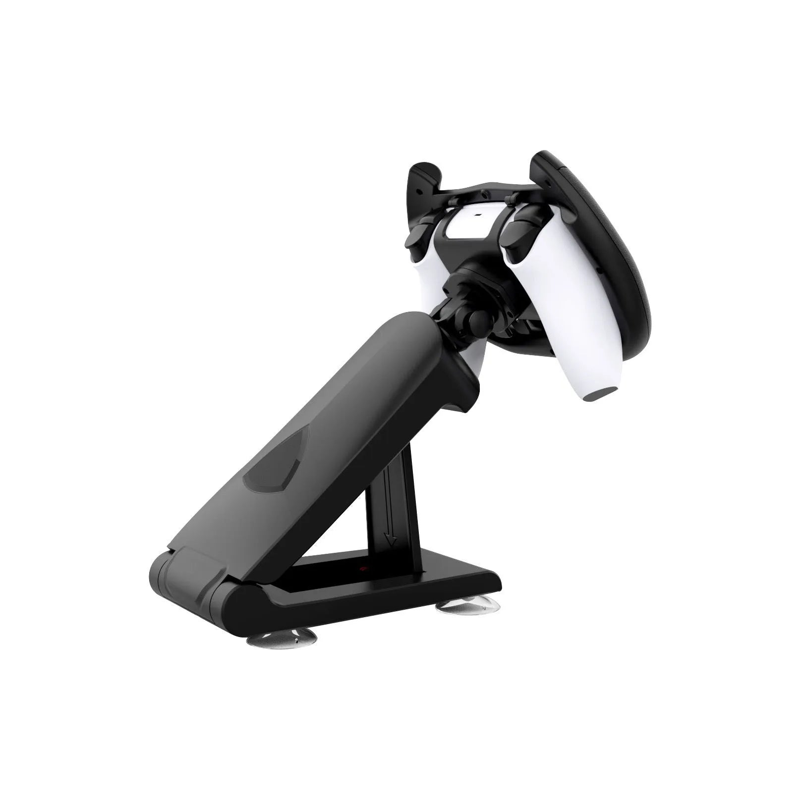 Black ABS plastic gamepad steering wheel bracket with suction cup, holding a smartphone for mobile racing games.