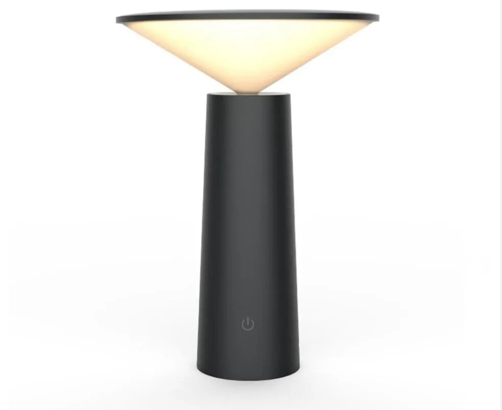 Black or white USB rechargeable LED desk lamp with a touch-sensitive base and a tilting lamp head.