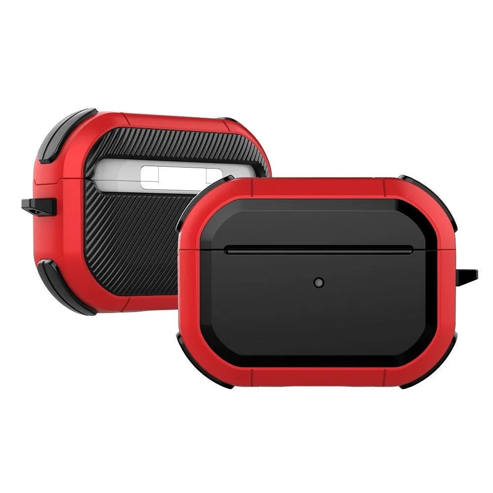 Black AirPods Pro protective shell case made from TPU and PC material shown next to an open case.