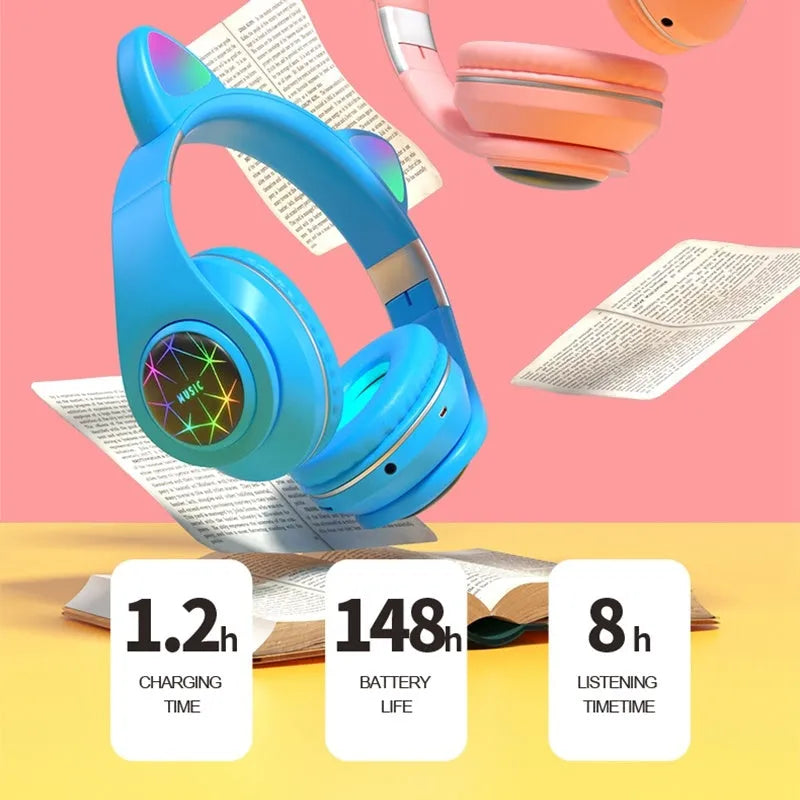 Cat ear wireless sports Bluetooth headphones in multiple colours showing head-mounted design