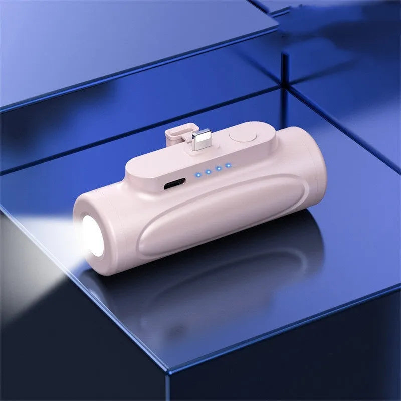 Black creative power bank with LED flashlight showing Type-C charging port and compact 83mm size