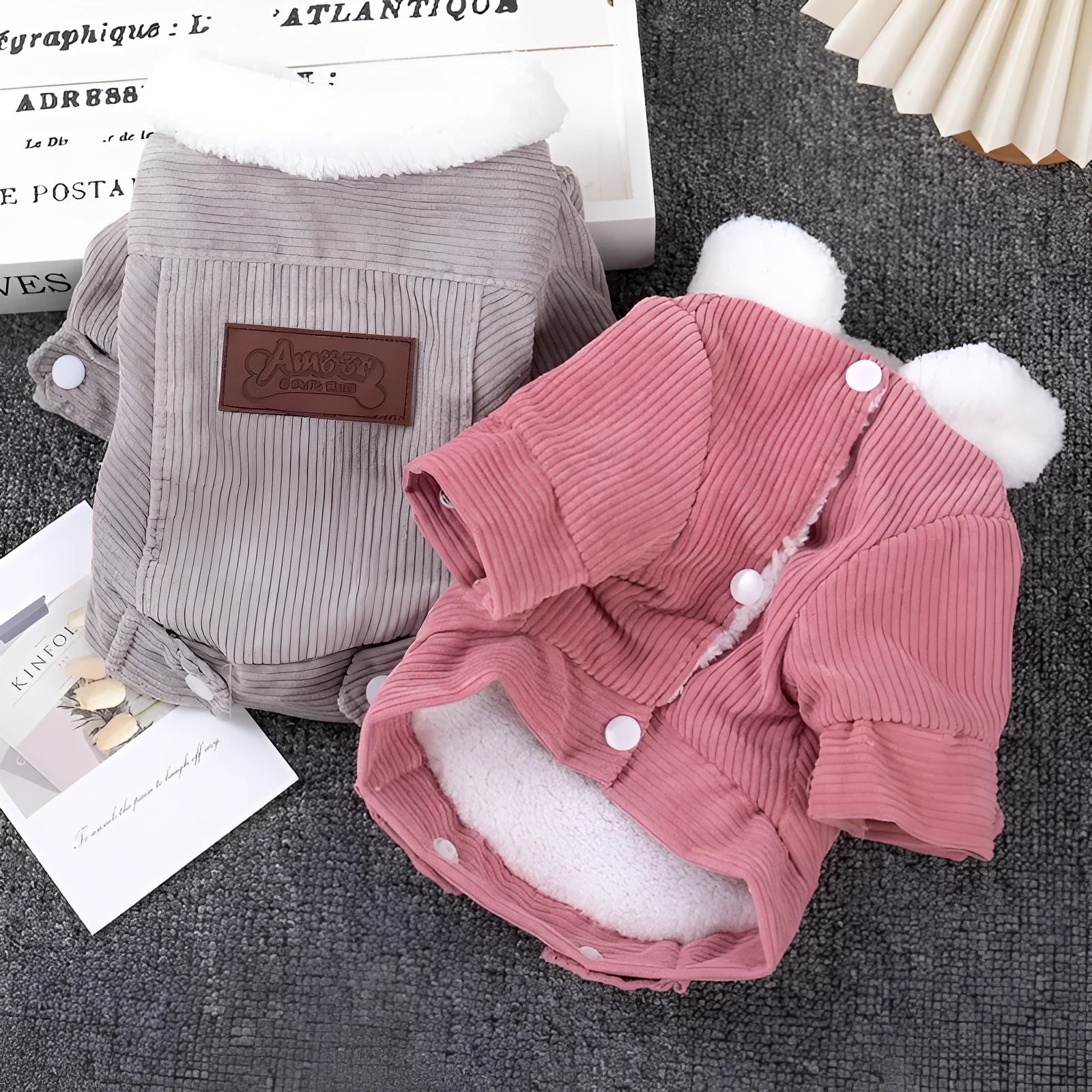 Lambswool grey dog fleece vest with wool lining for winter warmth