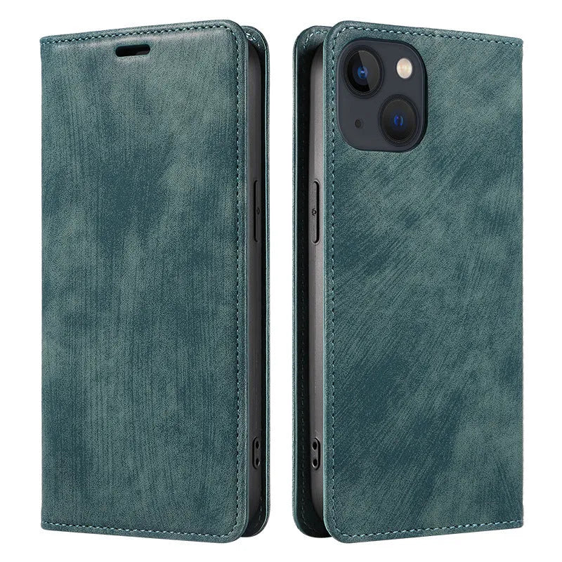 Magnetic flip phone case for iPhone in various colours showing TPU and leather construction