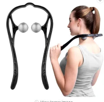 Plastic handheld neck and shoulder massager with adjustable width and roller head in pink, blue, and green colours.