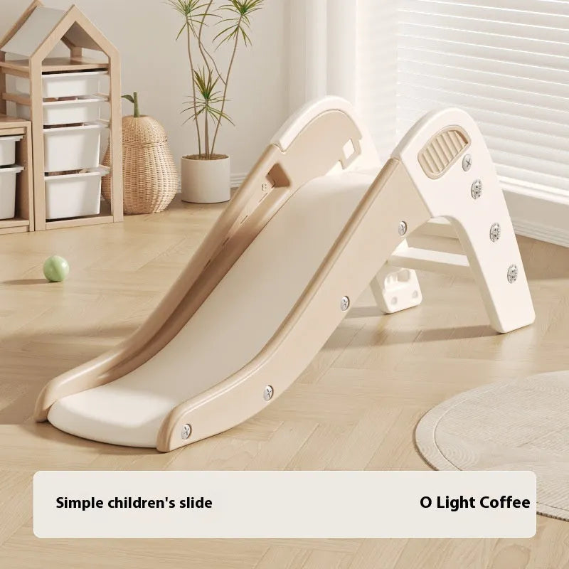Small plastic baby slide in blue, yellow, brown, or grey for indoor play.
