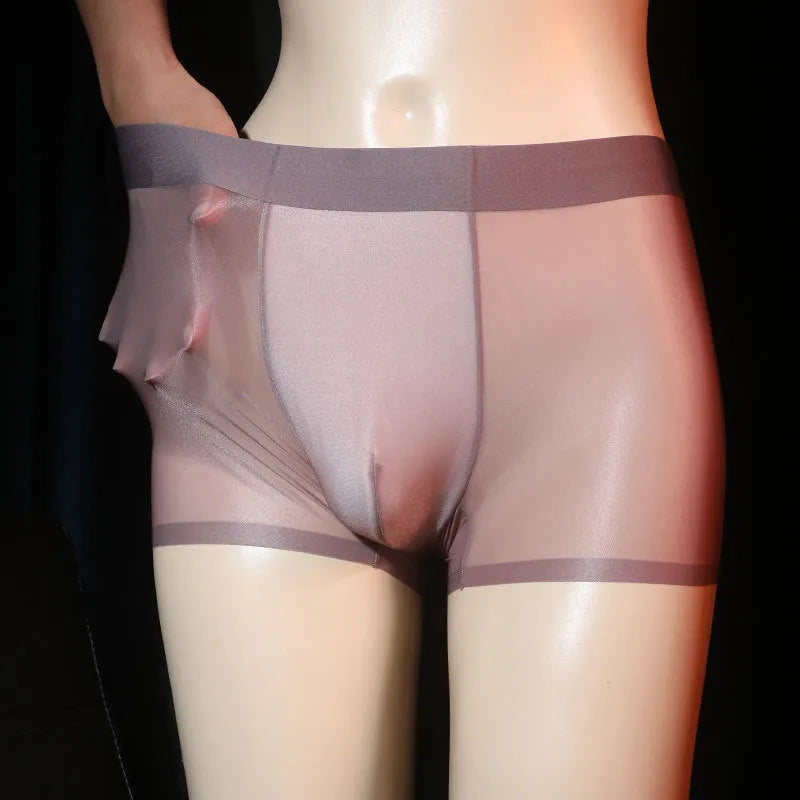Men's solid colour ultra-thin transparent nylon ice silk boxer shorts on a size chart.