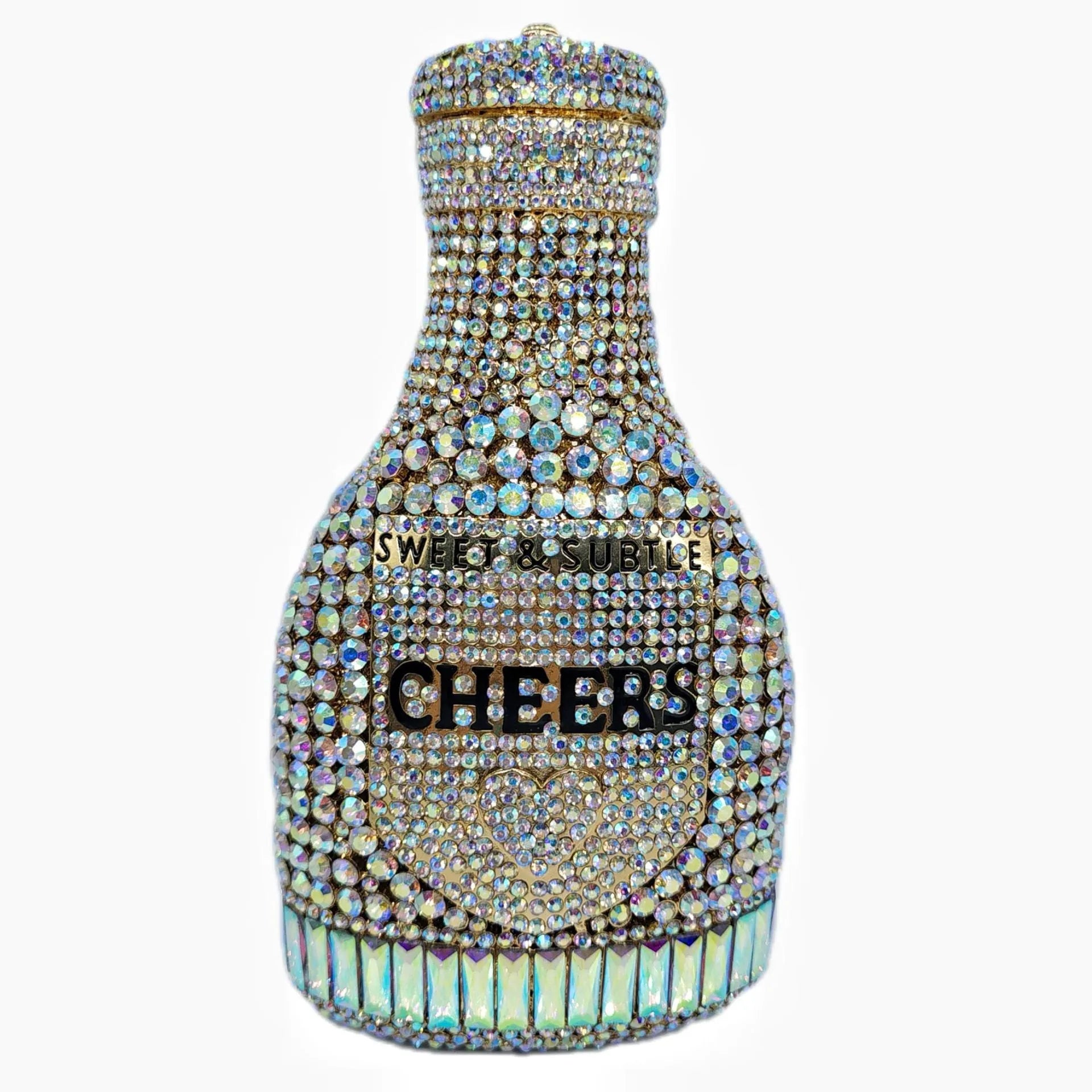 Gold champagne bottle shaped evening clutch with alloy frame measuring 20cm tall