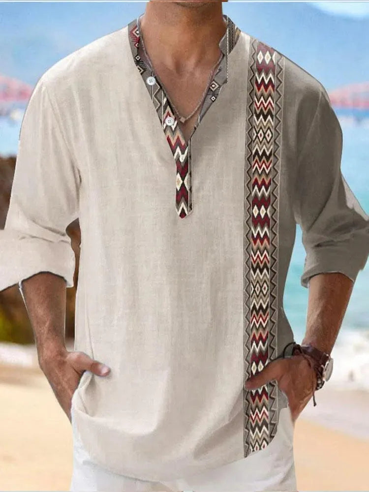 Thin casual Hawaiian-style shirt with digital bamboo linen stripes and long sleeves
