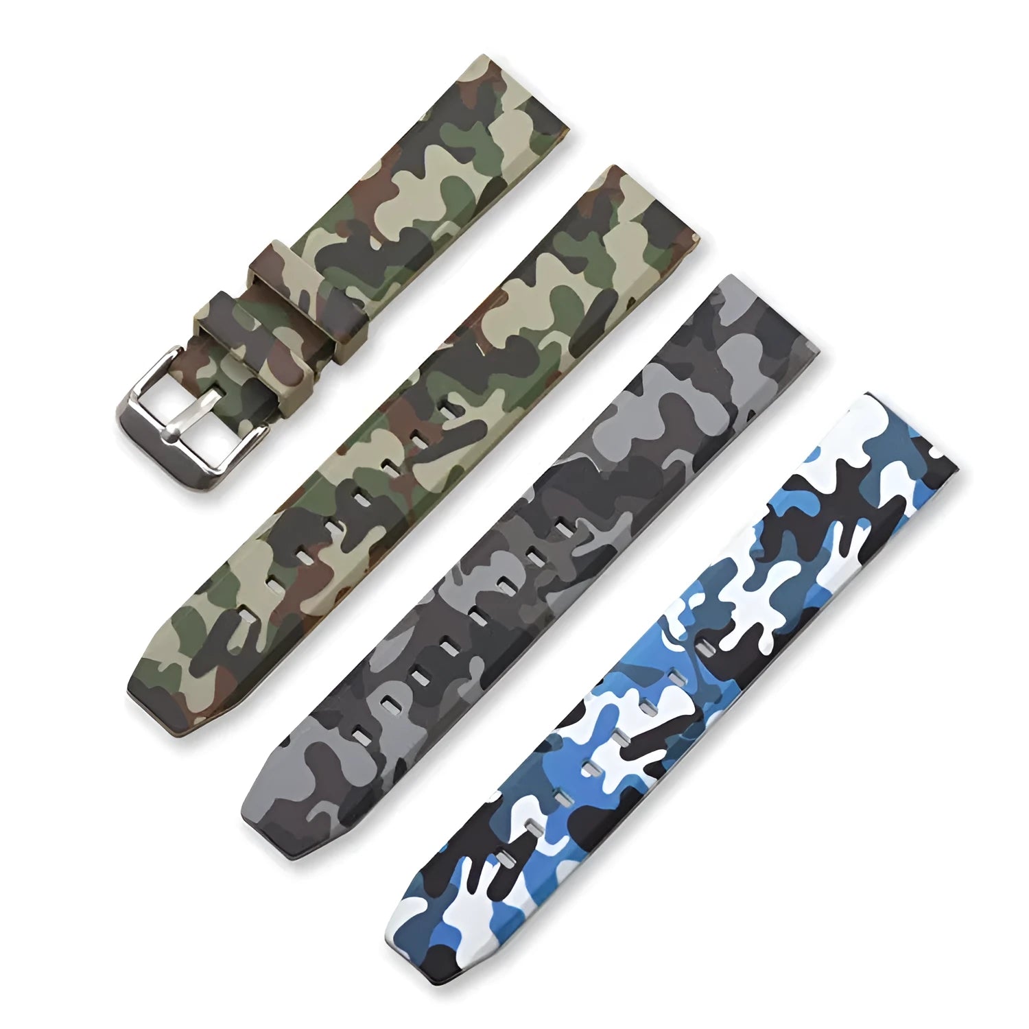 Green camouflage silicone watch strap showing 20mm width and buckle.