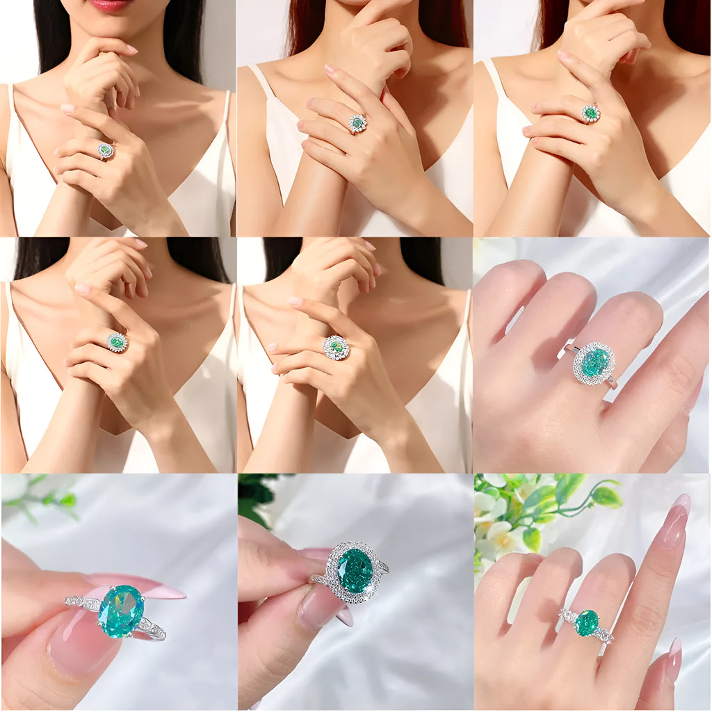 Geometric women's S925 silver ring with an elliptical emerald and Palaibahao high-carbon diamond inlay.