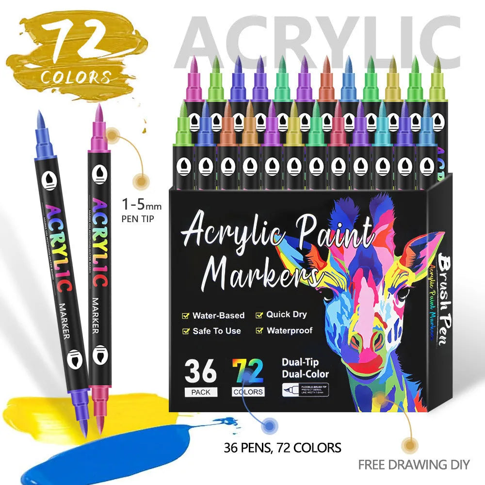 Set of double-headed acrylic marker pens showing fine and broad tips, with washable quick-dry opaque colours.