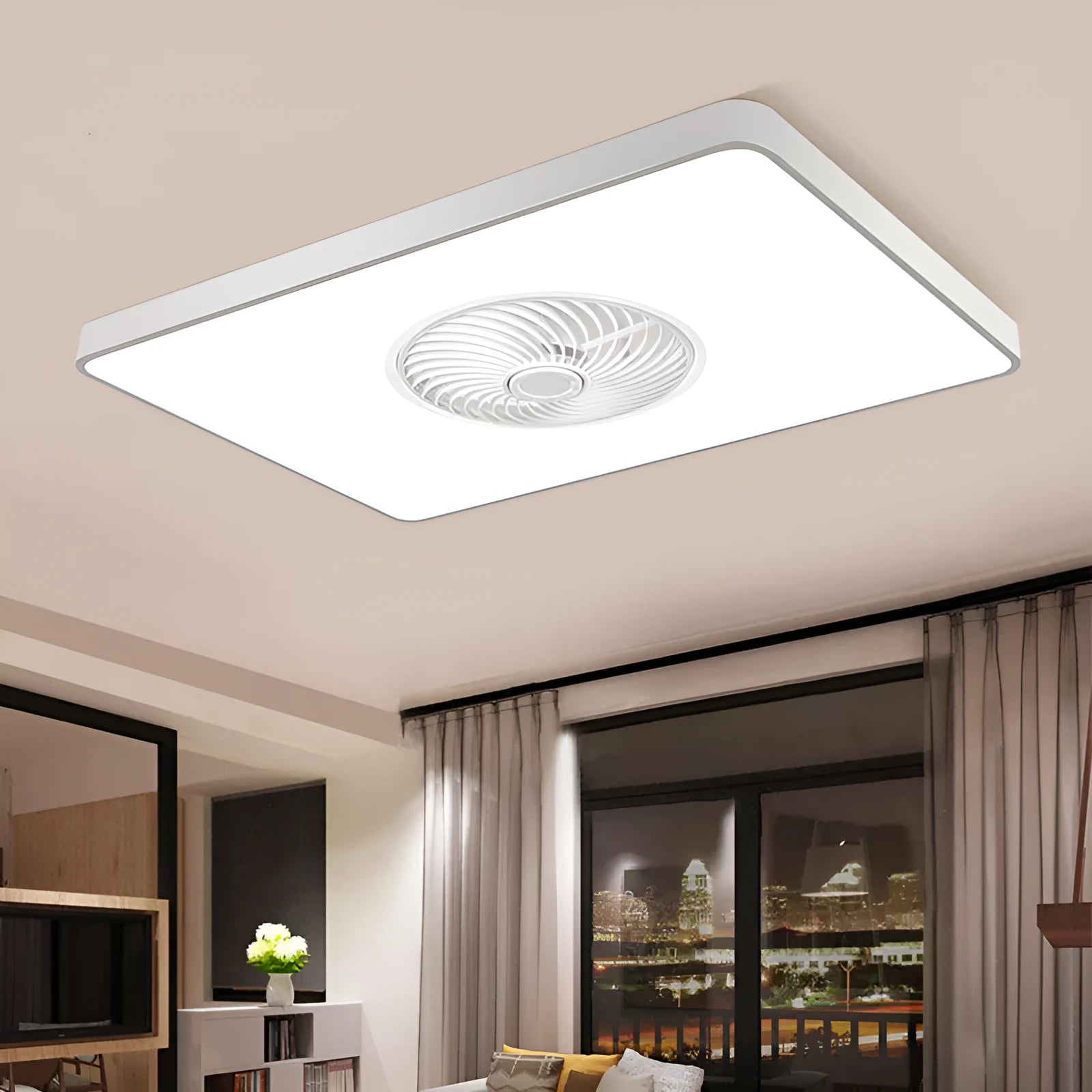 Nordic style ceiling fan with integrated light on a solid wood base, shown in rectangular, round, and square options.