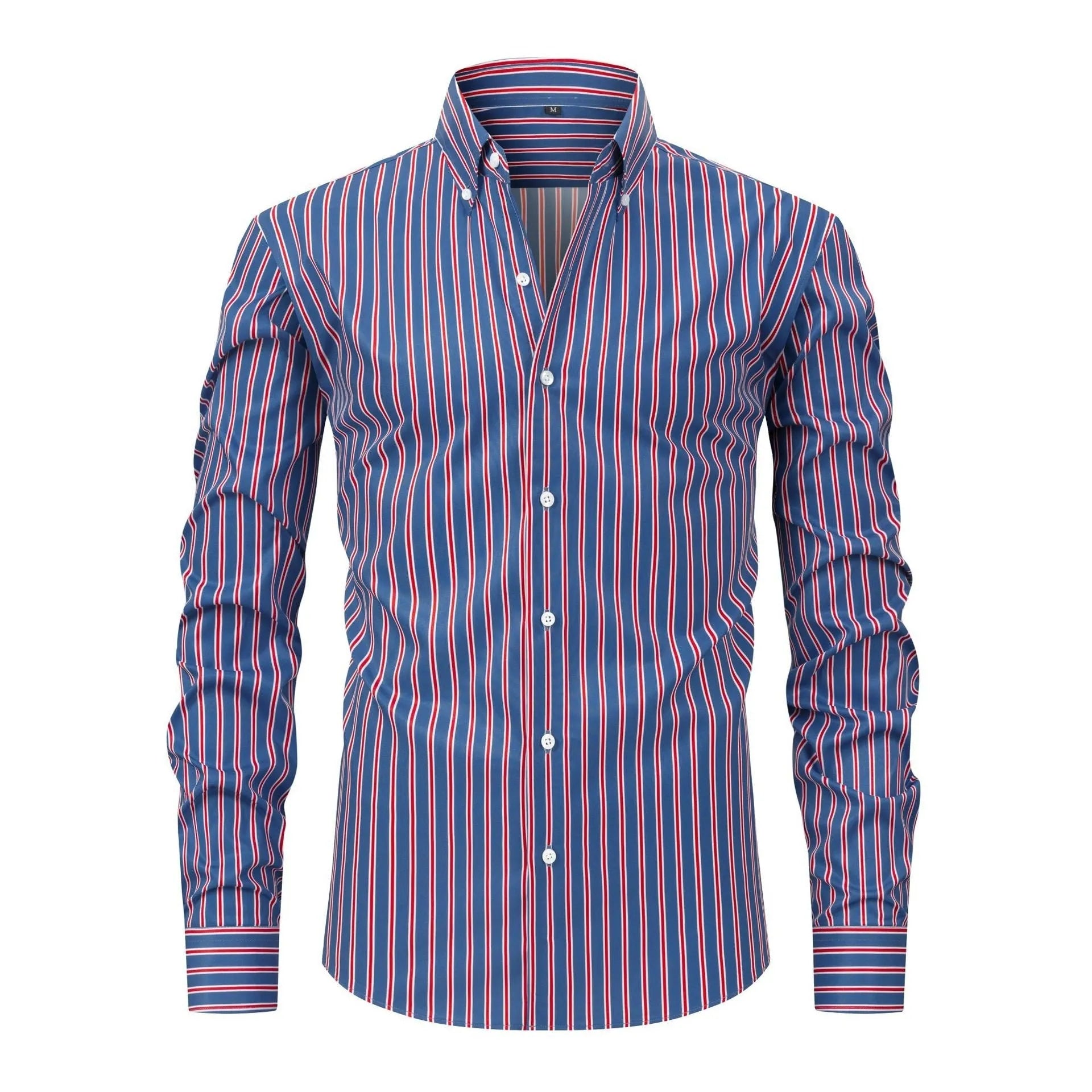 Men's striped ice silk polyester business shirt with slim fit on Asian mannequin showing XXS to XL sizing