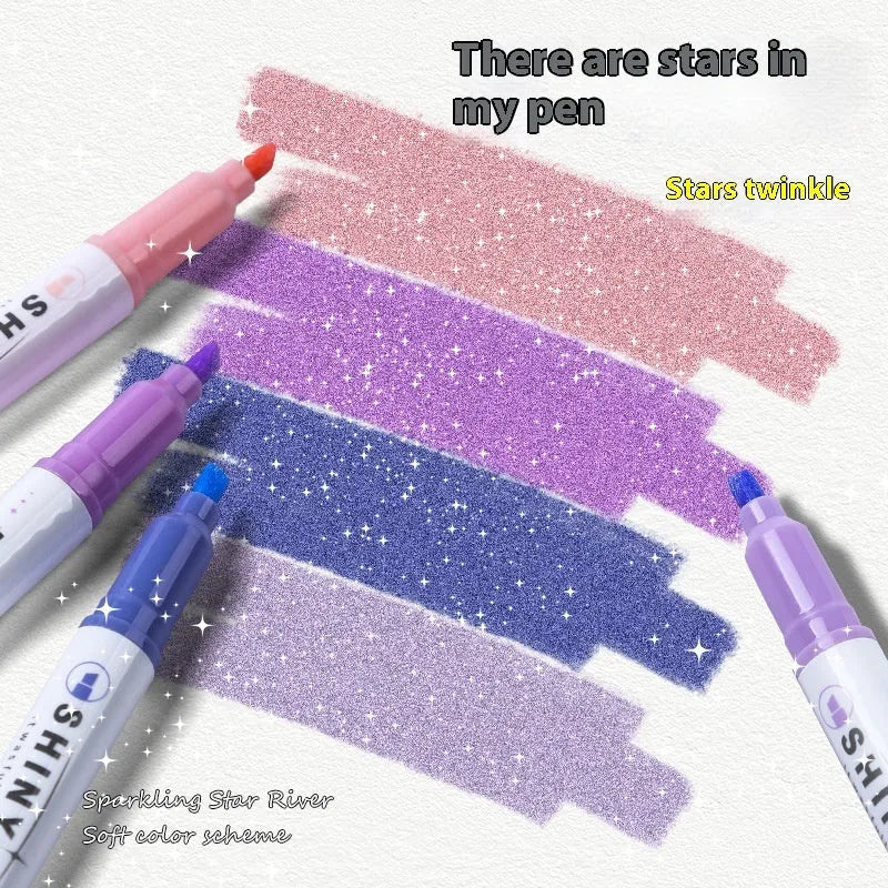 Set of four glitter fluorescent highlighter pens with slanted tips in assorted colours