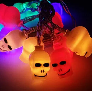 Halloween LED string lights with pumpkin, ghost, and bat pendants in multi-colour light mode