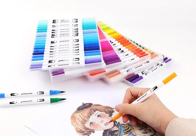 Set of watercolour pens in multiple colours arranged by shade for art and promotional use