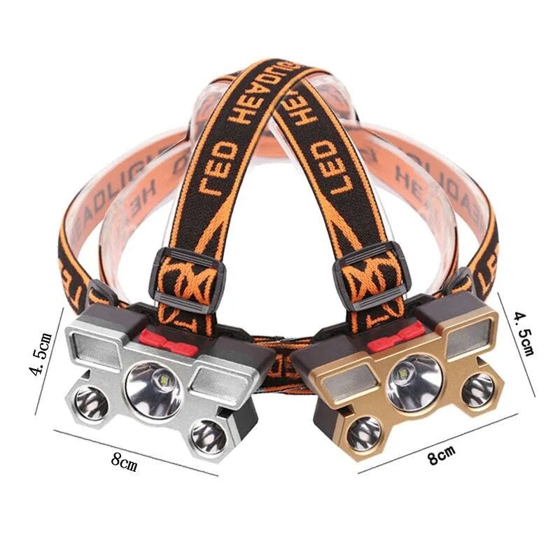 White LED miner's headlamp with adjustable strap, shown with data cable and colour packaging.