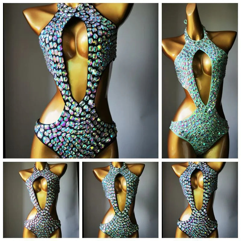 Women's one-piece swimsuit with diamond mesh design in Army Green colour