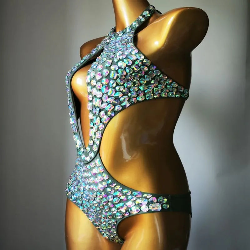 Women's one-piece swimsuit with diamond mesh design in Army Green colour