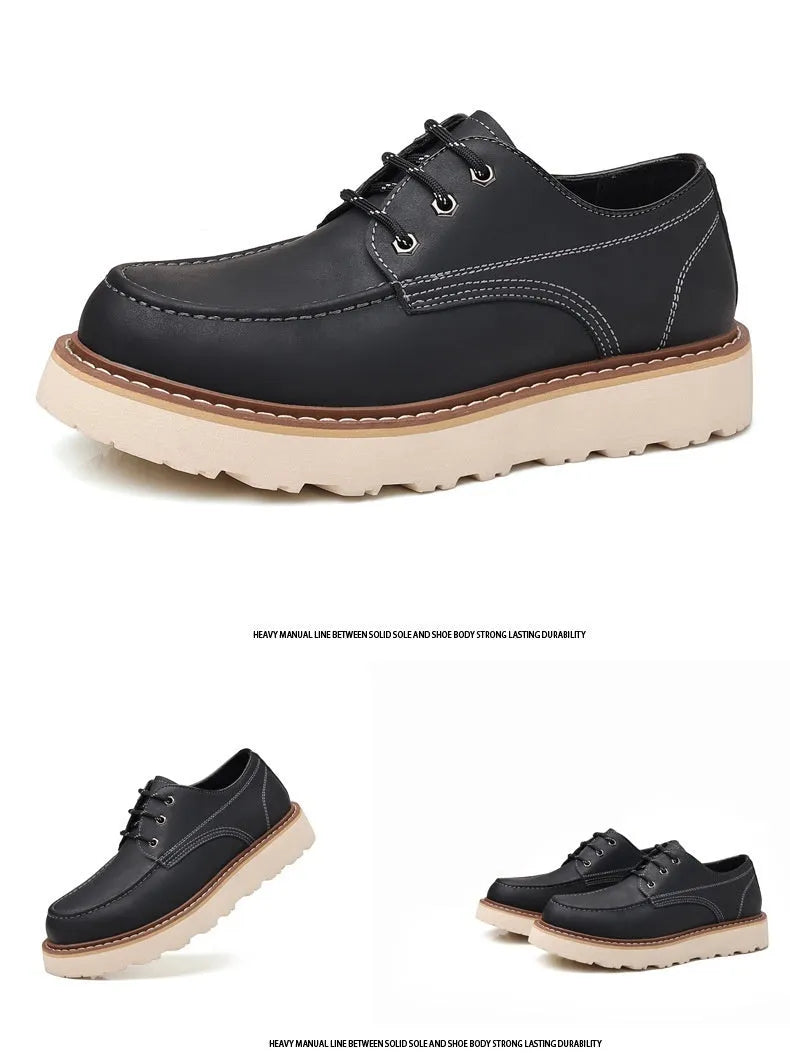 Men's black retro-style Martin boots with a round toe and mid-height rubber sole.
