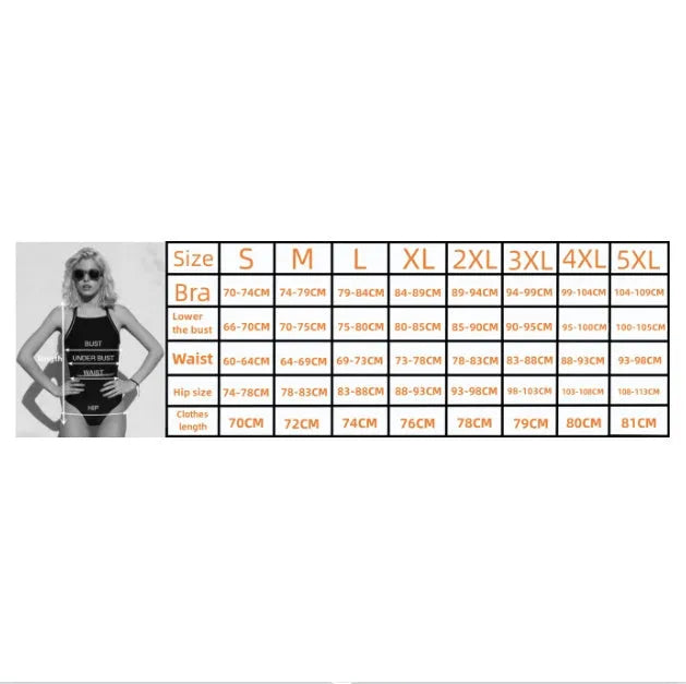 Black printed plus size polyester mesh bikini swimsuit for women on a size chart.