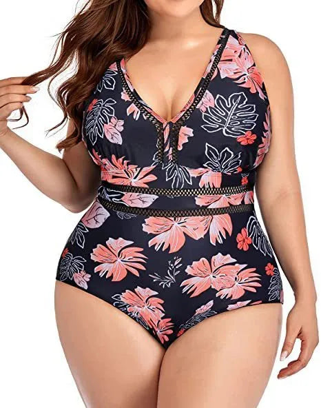 Black printed plus size polyester mesh bikini swimsuit for women on a size chart.