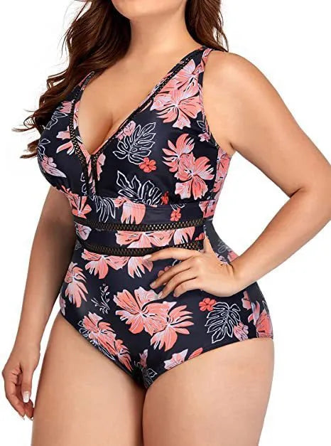 Black printed plus size polyester mesh bikini swimsuit for women on a size chart.