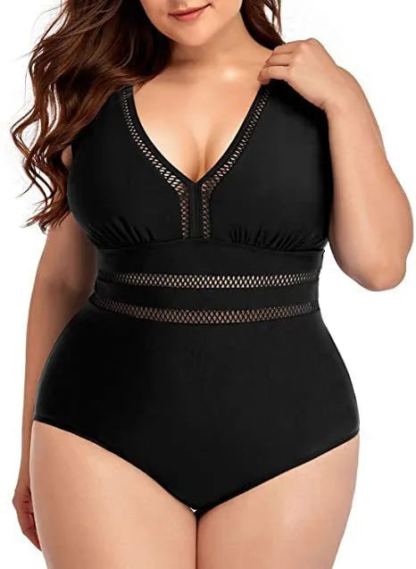 Black printed plus size polyester mesh bikini swimsuit for women on a size chart.