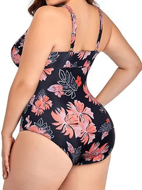 Black printed plus size polyester mesh bikini swimsuit for women on a size chart.